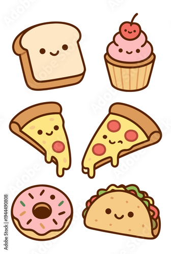 Kawaii food - bread, cupcake, pizza, donut, taco