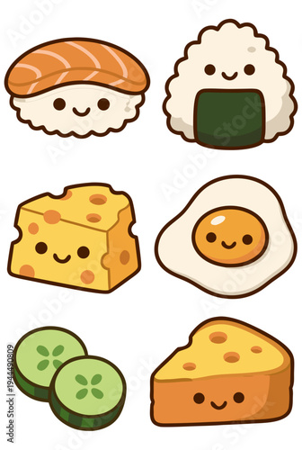 Kawaii food - sushi, onigiri, cheese, egg, cucumber, toast