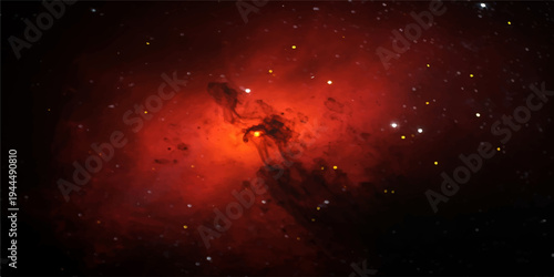 A woman in the rain gazes at an abstract blue nebula and glowing cosmic dust from a supernova explosion across the dark night sky