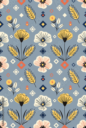 Seamless pattern with flowers, wheat, and geometric shapes on a blue background