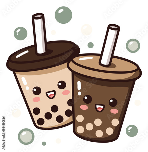 Cute kawaii bubble tea boba cups hugging illustration