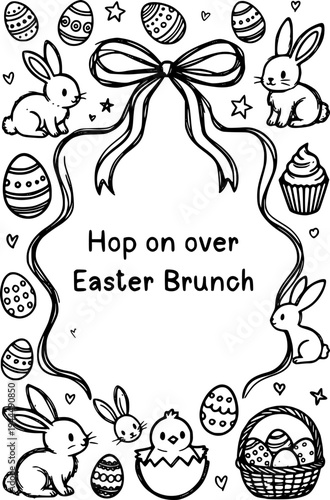 Easter Brunch Invitation with bunnies, eggs, a bow, and the words "Hop on over"