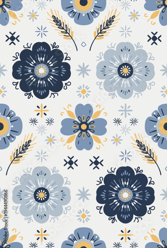 Seamless pattern with blue/dark blue flowers and leaves