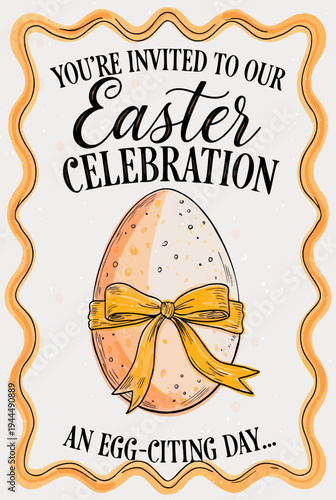Easter celebration invitation card egg bow orange illustration