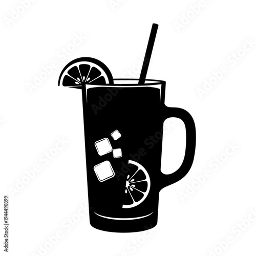 Refreshing iced drink with lemon slice and ice cubes in a tall glass mug