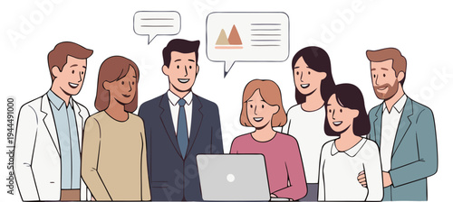 Diverse business team meeting around laptop vector illustration