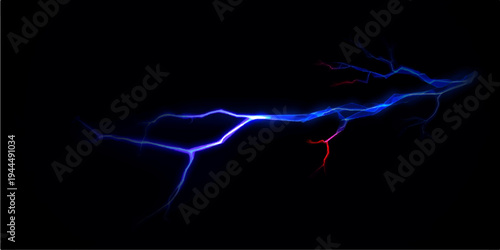 A vibrant blue neon lightning bolt flashes with electric energy and fractal smoke against a dark black night sky during a powerful thunderstorm design