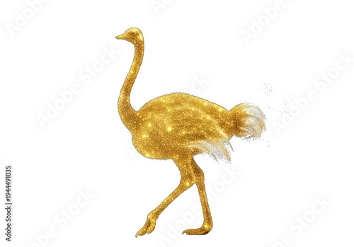 Golden ostrich chick walking isolated on transparent background png cutout