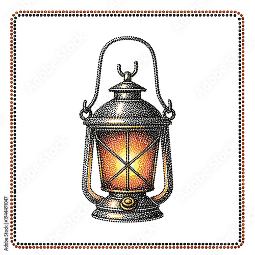 Vintage kerosene lantern with a warm glow, rendered in a stippled art style