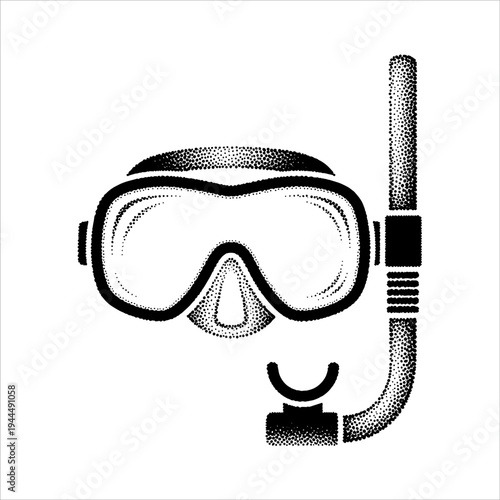 Vintage style snorkel mask and tube illustration with stippling technique