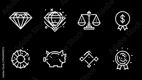 Financial success and strategy line icons set. Money, diamond, scales, piggy bank, and casino chip symbols on black background.