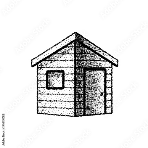 Simple dot art illustration of a small wooden shed with a window and door