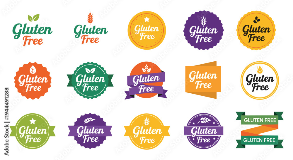 Obraz premium Gluten free labels, healthy food badges, organic design, wheat free, dietary icons, natural product, wellness branding, flat vector illustration