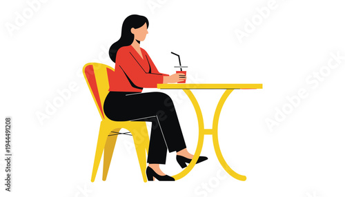 A woman sitting alone at a small yellow table with a drink
