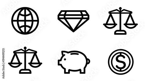 Finance, Business, Global Economy & Justice Line Icons: Money, Investment, Savings, Wealth & Balance Concepts