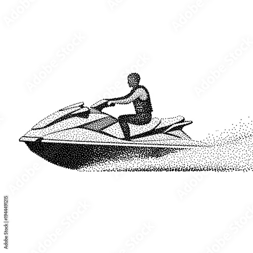 Silhouette of a person riding a jet ski in a stippled art style on a white background