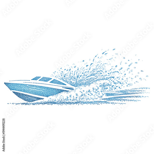 Speedboat creating a dynamic splash of water dots in a modern graphic style