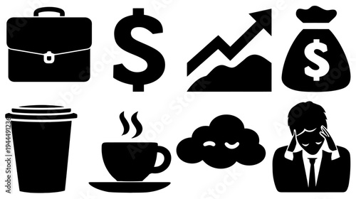 Business and Finance Icons Set. Professional Symbols for Growth, Money, Coffee Break, and Stress Management Concepts.