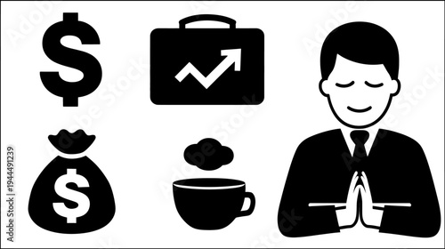 Business and Lifestyle Icons Collection: Finance, Growth, Money, Coffee Cup, and Professional Man in Meditative Pose
