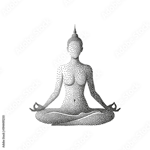 Meditating figure in lotus pose created with stippling technique on white background