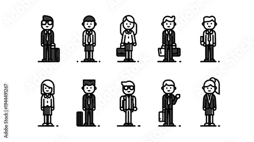 Set of business people icons, professional men and women characters, corporate workers avatar illustrations in line art style