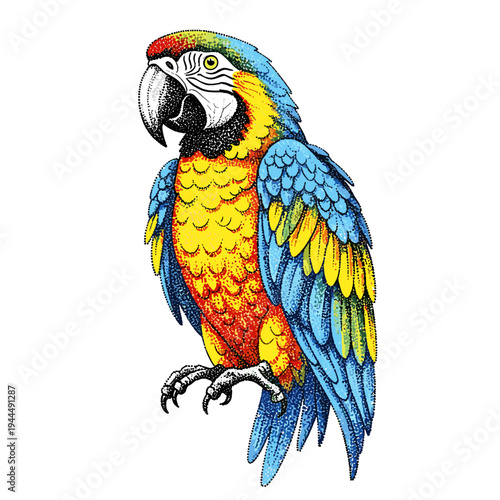 Vibrant blue and yellow macaw parrot with red chest, perched on a white background