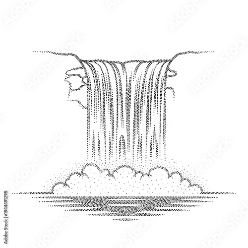 Elegant dot art illustration of a cascading waterfall with mist and water pool below