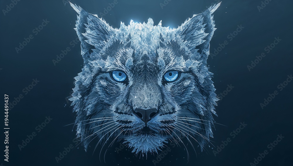 Obraz premium Shimmering crystalline wildcat head glowing in navy void, with bright blue eyes, tufted ears