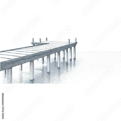 Minimalist stippled pier extending into calm water with reflections on a bright day