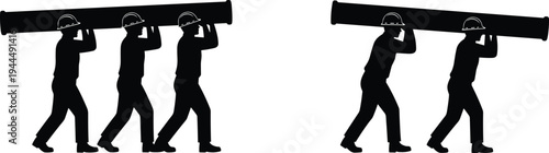 Construction workers carrying heavy pipe silhouette, industrial labor teamwork, builders transporting pipeline, manual work concept, engineering workforce illustration