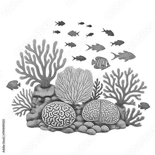 Stylized underwater coral reef scene with schooling fish rendered in dot art technique