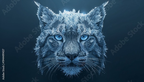 Shimmering crystalline wildcat head glowing in navy void, with bright blue eyes, tufted ears