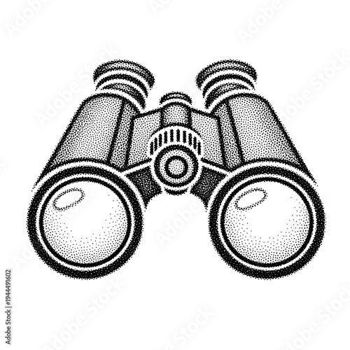 Vintage binoculars illustration in stipple art style, a classic optical instrument for observation