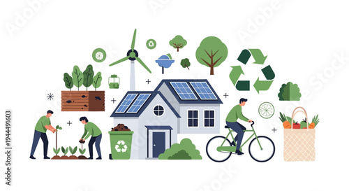 Sustainable Living Concept: Green Home with Solar Energy, Wind Power, Recycling, Urban Gardening & Eco-Friendly Lifestyle