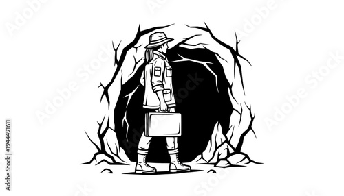 A man in a hat and coat stands in front of a cave with a briefcase