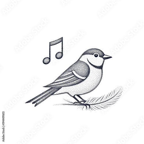 Charming dot art illustration of a small bird singing a melody on a feather
