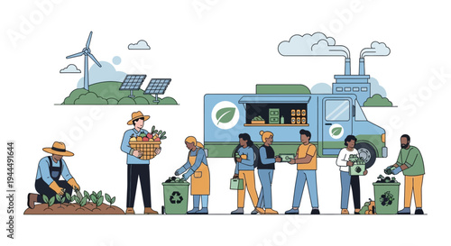 Sustainable Living Concept: Eco-Friendly Farming, Renewable Energy, Organic Food Market, Recycling & Community Engagement