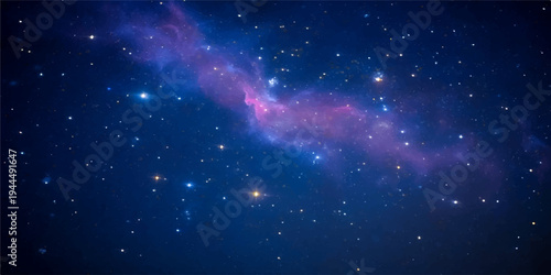 An abstract deep space background features a bright blue nebula and shimmering stars scattered across a dark cosmic universe