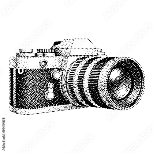 Vintage film camera rendered in stippling dot art technique on white background