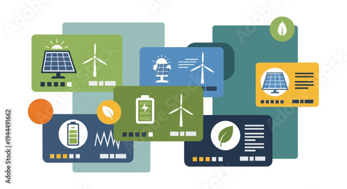 Renewable Energy Infographic with Solar Panels, Wind Turbines, and Battery Storage Icons for Sustainable Power & Green Technology