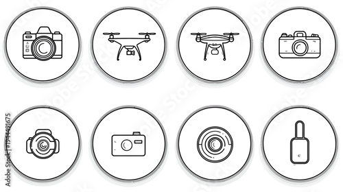 Outline Vector Icons Set: Digital Photography & Videography Gear. Includes Cameras, Drones, Lens, and Memory Stick Devices.