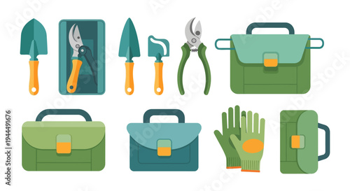 Colorful Flat Design Vector Icons of Essential Gardening Tools, Equipment, and Supplies for Horticulture and Spring Planting