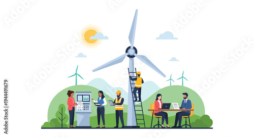 Wind Energy Project Team: Engineers, Technicians, and Business Professionals Collaborating on Sustainable Renewable Power Development