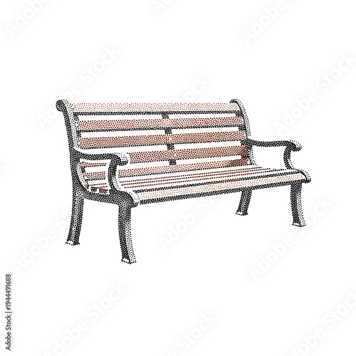 Classic park bench with ornate cast iron frame and wooden slats, rendered in stippling technique