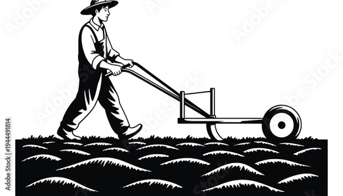 Farmer plowing field with a wheelbarrow in a vintage illustration style