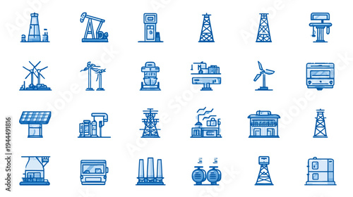 Energy and Industry Line Icons Set. Sustainable Power, Fossil Fuels, Solar, Wind, and Factory Symbols for Business and Technology