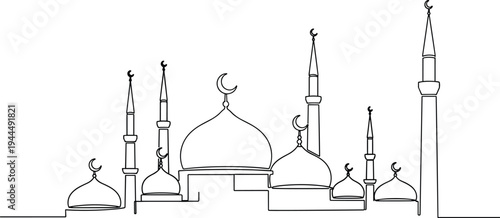 Minimalist line art illustration of a mosque complex, continuous black line drawing of Islamic domes, slender minarets, elegant modern design