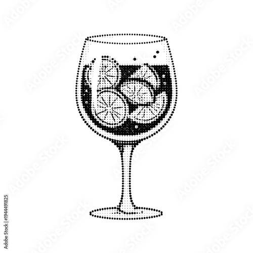 Halftone dot art illustration of a refreshing gin and tonic with citrus slices in a wine glass