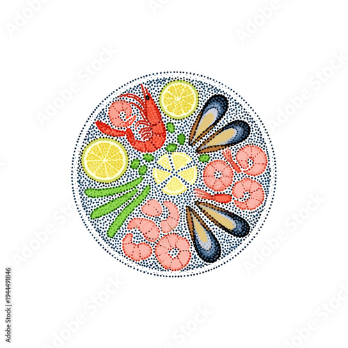 Artistic seafood platter with shrimp, mussels, lemon, and green beans arranged in a circle