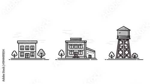 Monochrome vector illustrations of a residential house, public building, and water tower in outline style on white background.